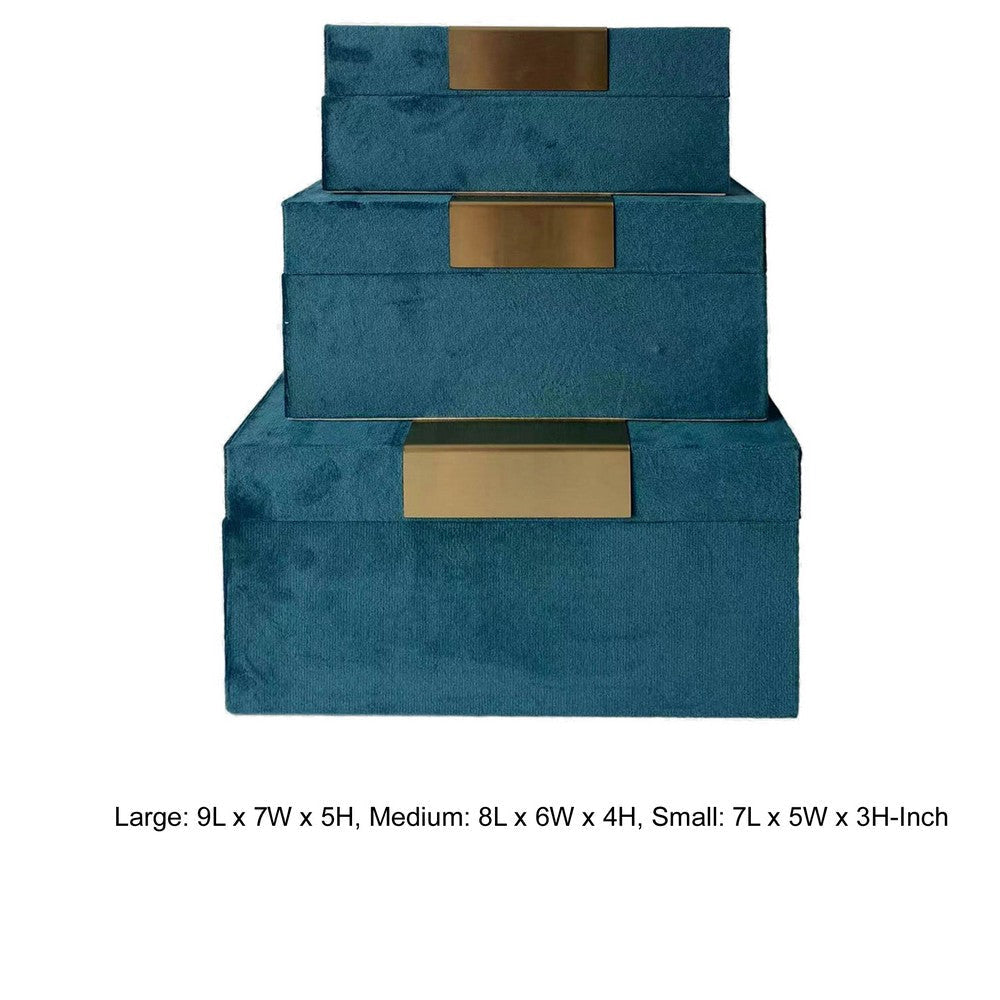 7 8 9 Inch Jewelry Box Set of 3 Gold Accents Teal Velvet Upholstery By Casagear Home BM308636