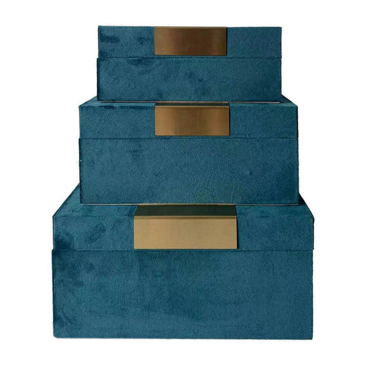 7, 8, 9 Inch Jewelry Box, Set of 3, Gold Accents, Teal Velvet Upholstery By Casagear Home