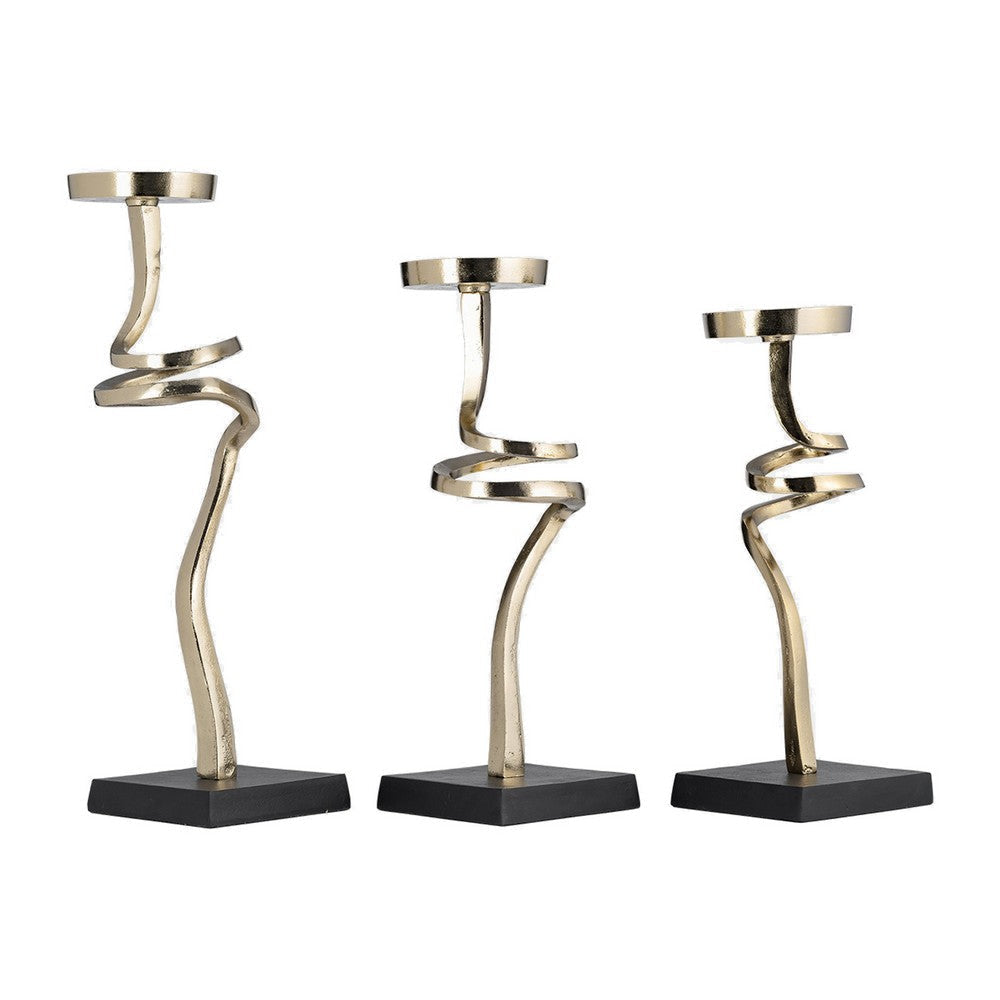 13, 15, 17 Inch Candle Pillar Holder, Set of 3, Abstract Style, Gold, Black By Casagear Home