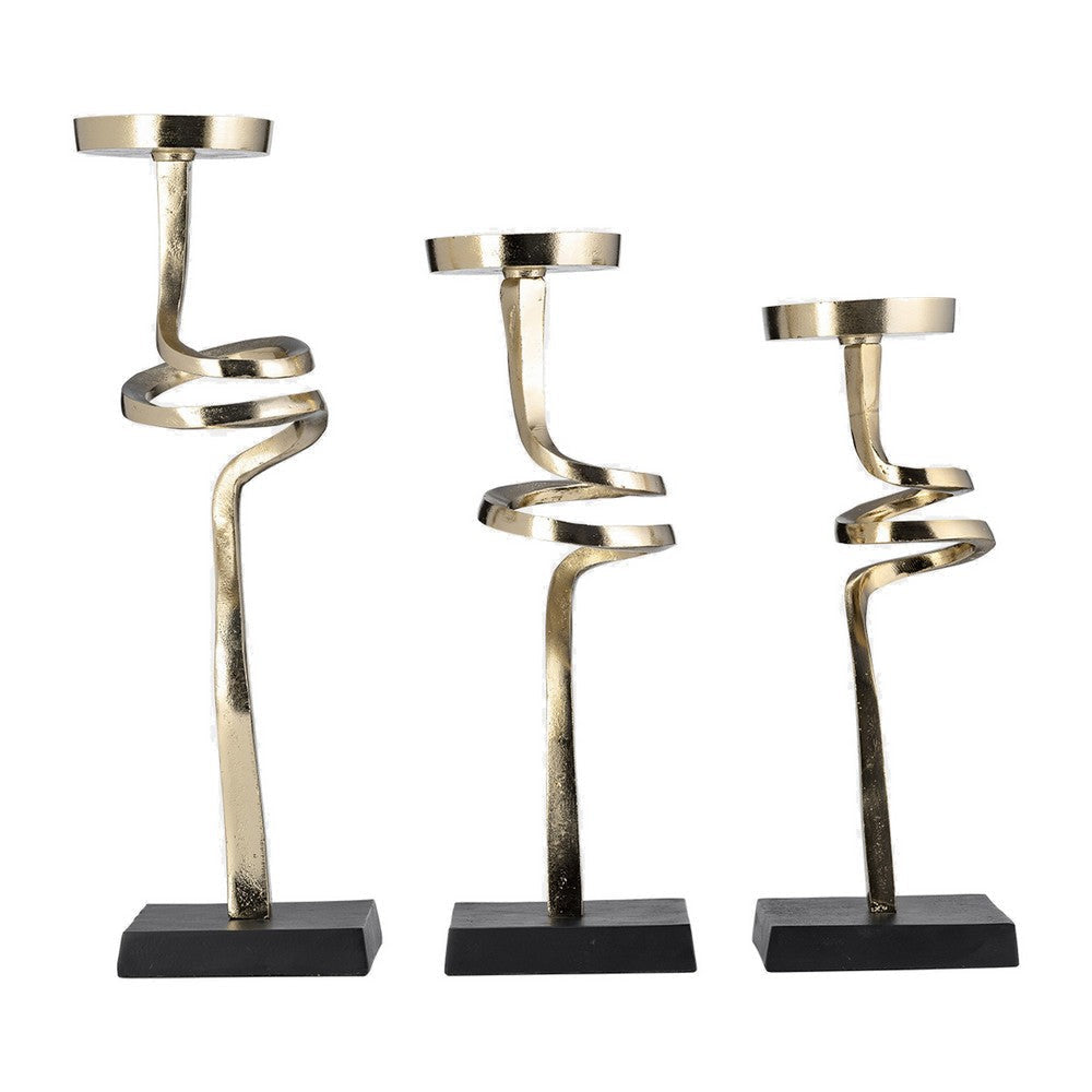 13, 15, 17 Inch Candle Pillar Holder, Set of 3, Abstract Style, Gold, Black By Casagear Home