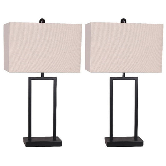 25 Inch Table Lamp, Set of 2, Taupe Fabric Shade, Black Framed Body By Casagear Home