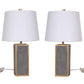 24 Inch Table Lamp, Set of 2, White Shade, Gray Resin Panels on Gold Frame By Casagear Home