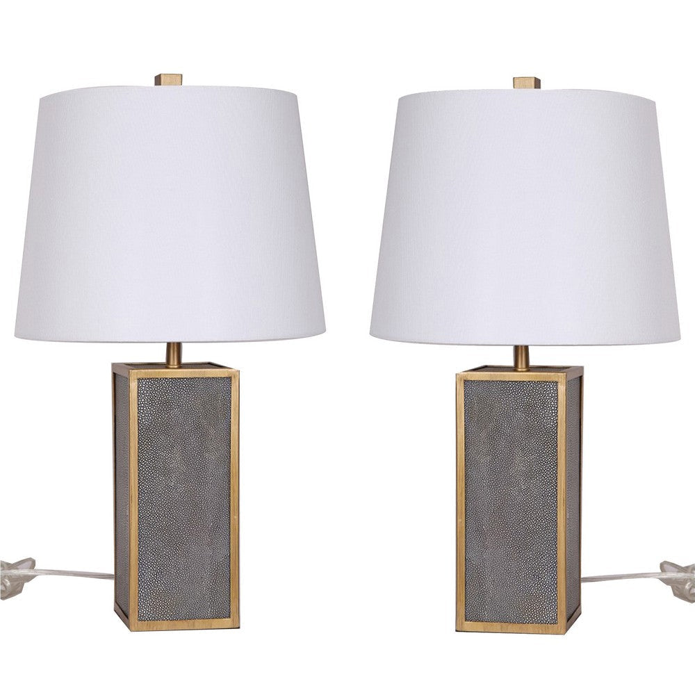 24 Inch Table Lamp, Set of 2, White Shade, Gray Resin Panels on Gold Frame By Casagear Home