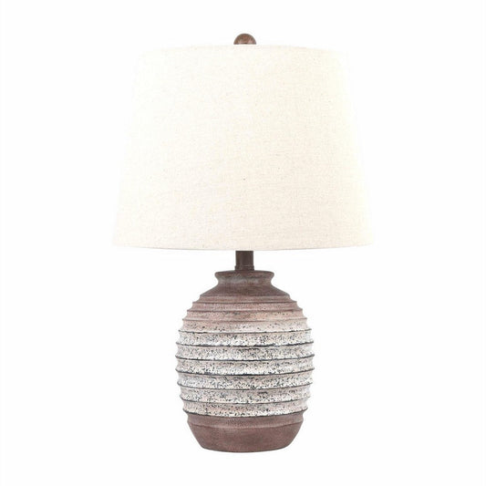 22 Inch Table Lamp, White Fabric Shade, Ribbed Textured Body, Natural Brown By Casagear Home