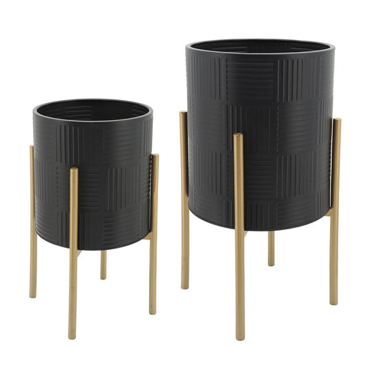 Voki Planter on Stand, Geometric Lines, Set of 2, Black, Gold Metal By Casagear Home