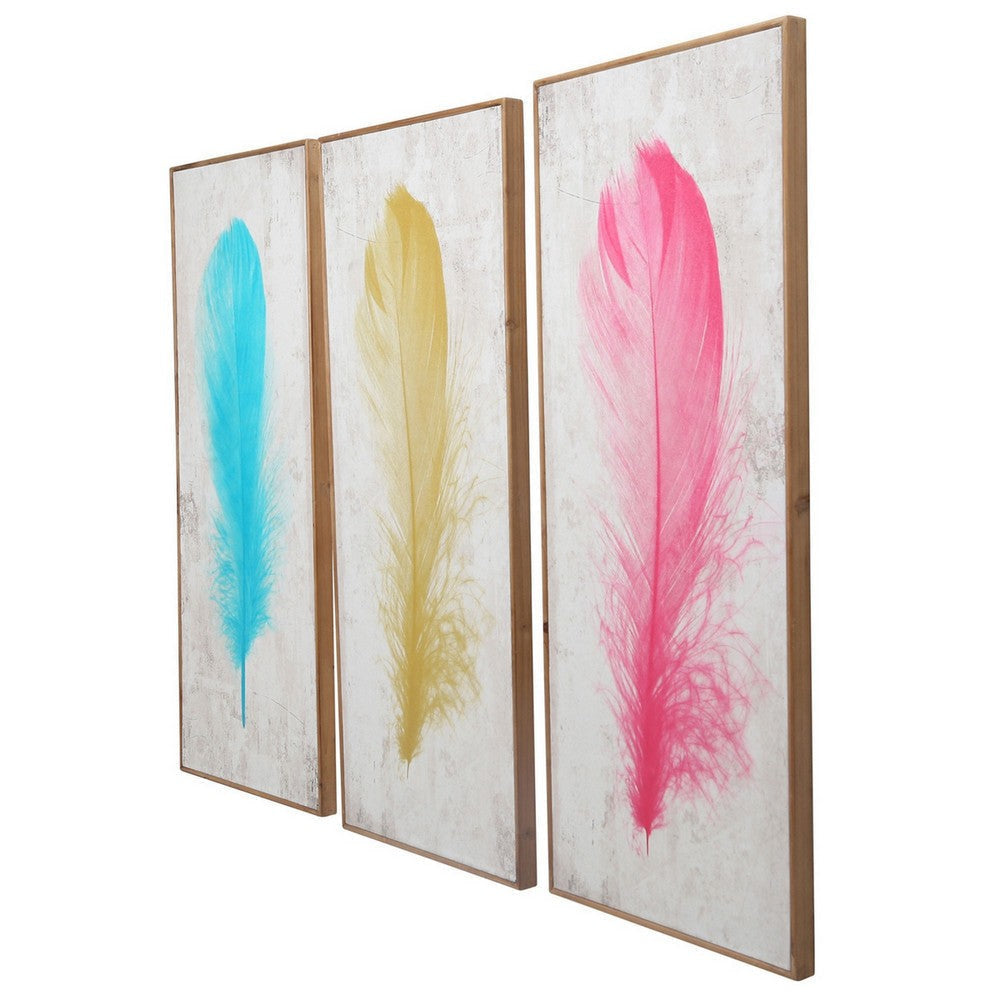 16 x 39 Inch Wall Decor Painting Set of 3 Multicolor Feathers Wood Frame By Casagear Home BM308665