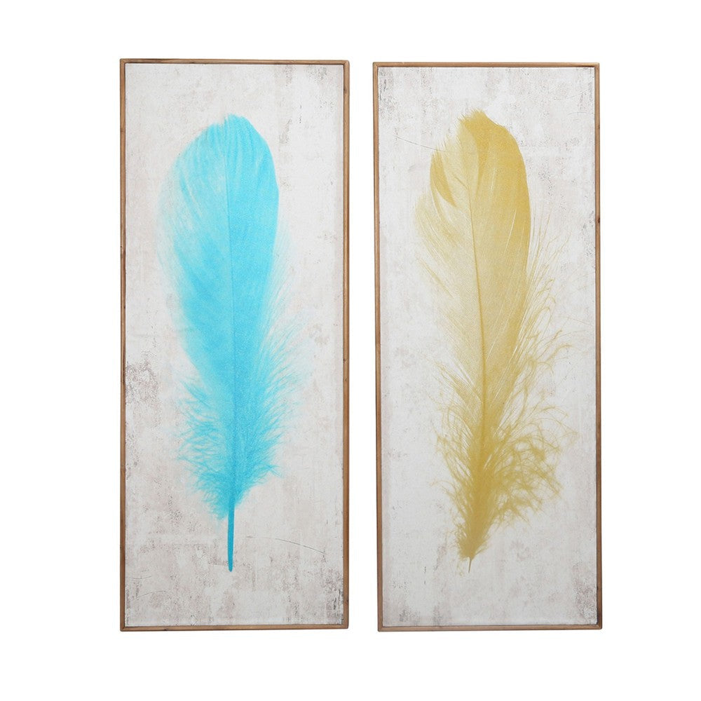 16 x 39 Inch Wall Decor Painting Set of 3 Multicolor Feathers Wood Frame By Casagear Home BM308665