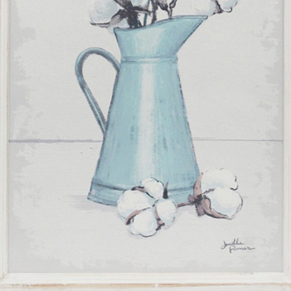 19 x 40 Inch Wall Art Tin Floral Vase Distressed Wood Ivory Beige Blue By Casagear Home BM308668