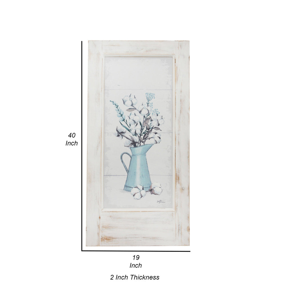 19 x 40 Inch Wall Art Tin Floral Vase Distressed Wood Ivory Beige Blue By Casagear Home BM308668