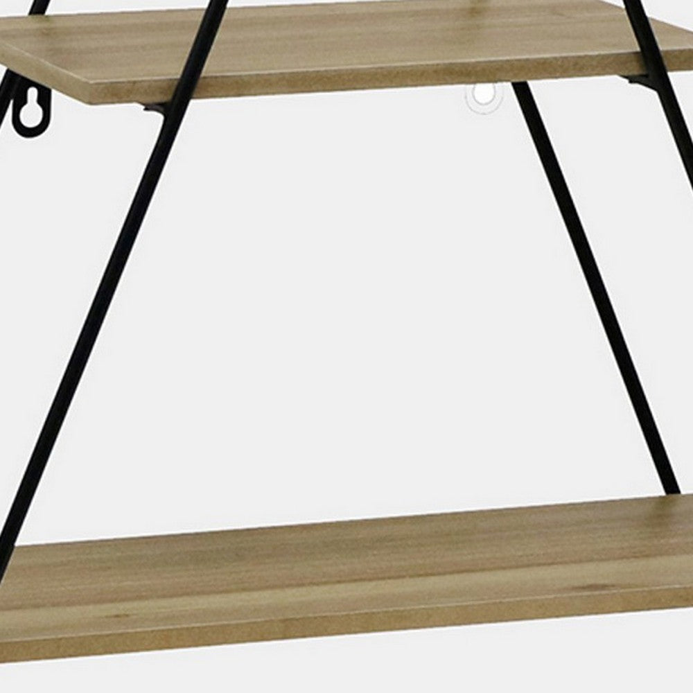 Zish 26 Inch Wall Shelf 3 Wood Shelves Triangle Metal Frame Brown Black By Casagear Home BM308672