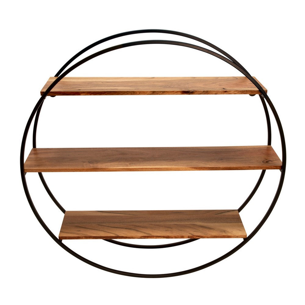 Lexa 32 Inch Wall Shelf, 3 Wood Shelves, Circular Metal Frame, Brown, Black By Casagear Home