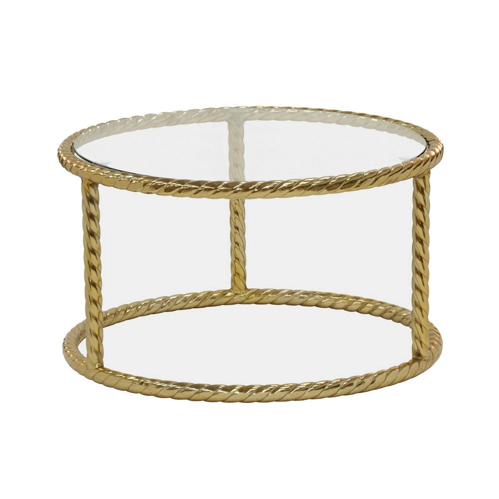 22 28 Inch Round Nesting Coffee Tables Glass Top Gold Metal Rope Frame By Casagear Home BM308676