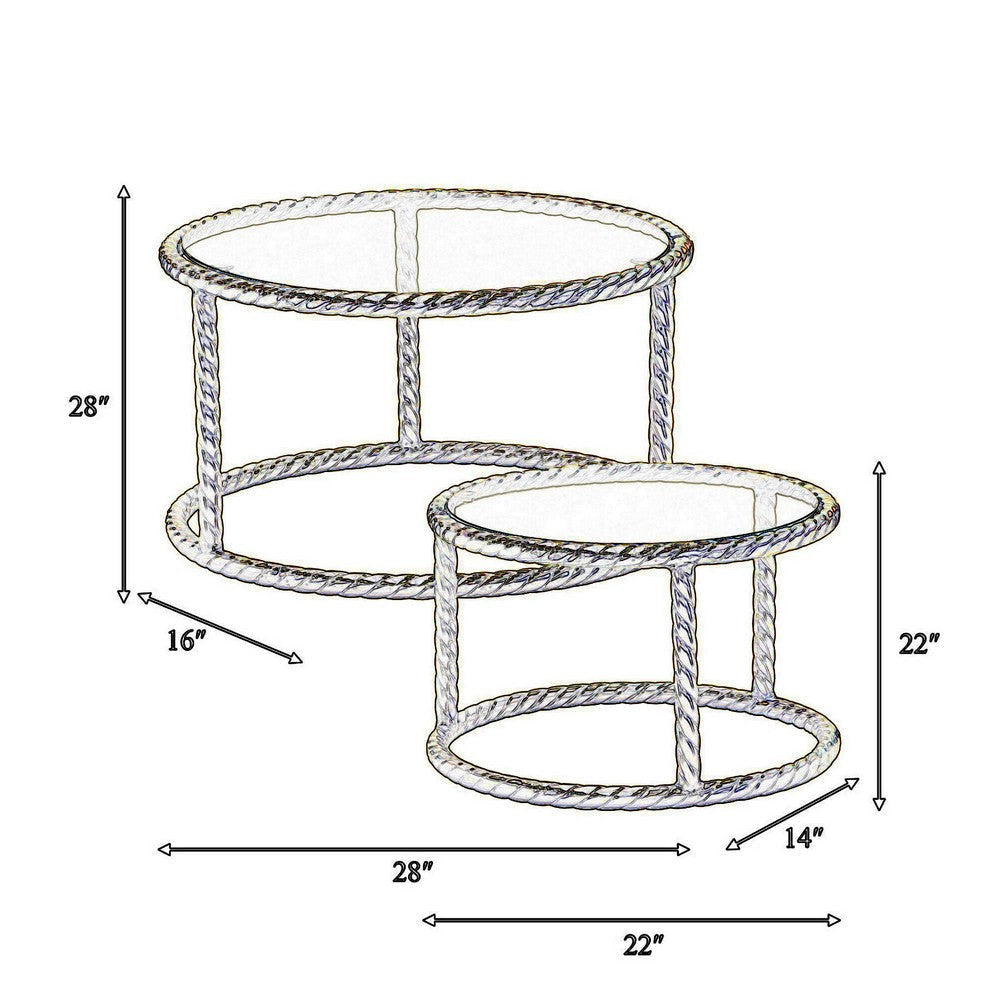 22 28 Inch Round Nesting Coffee Tables Glass Top Gold Metal Rope Frame By Casagear Home BM308676