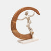 14 Inch Gymnast Sculpture, Natural Brown Half Moon Wood Frame, Silver Metal By Casagear Home