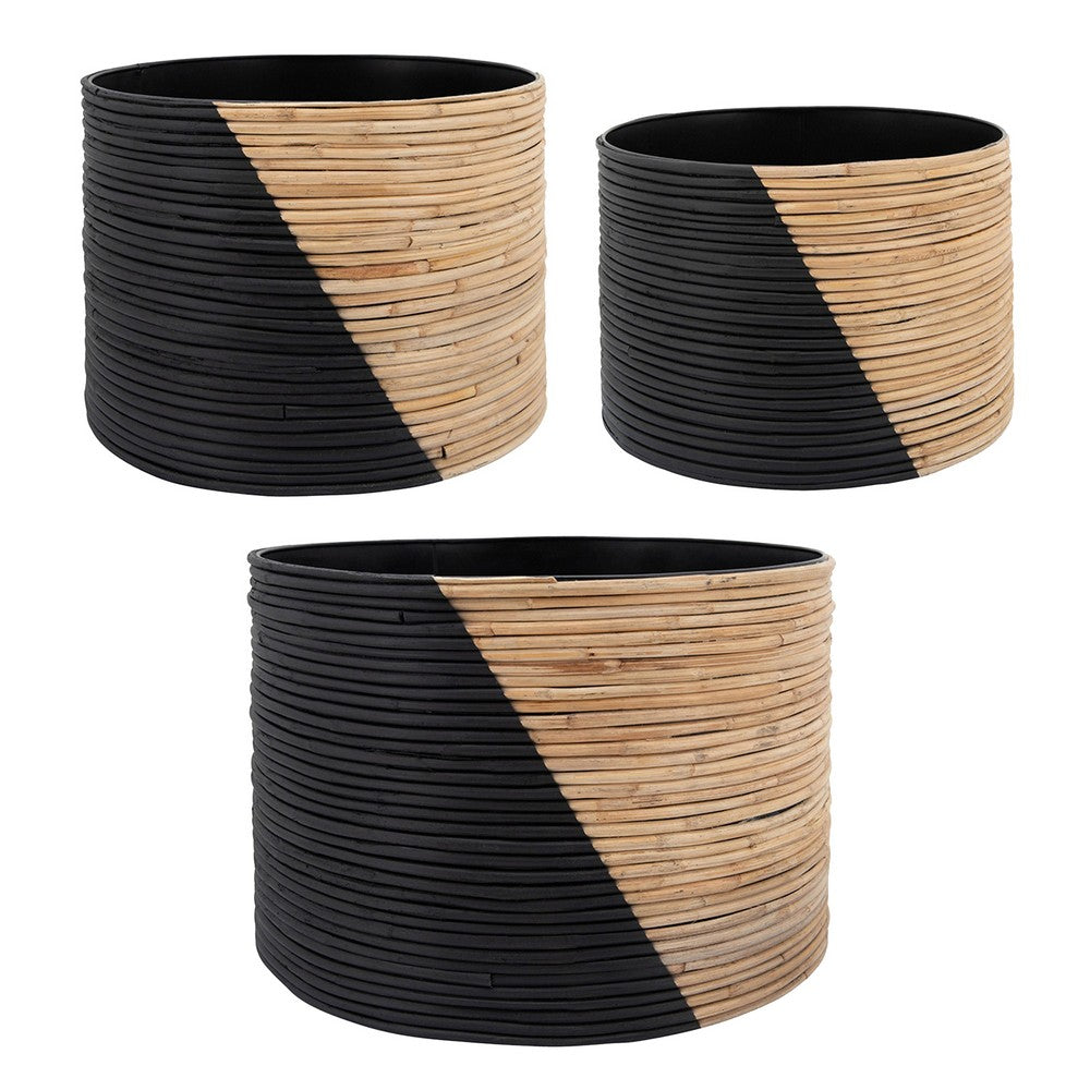 Hiza 18 Inch Indoor Outdoor Planter, Set of 3, Black and Brown Wicker Weave By Casagear Home