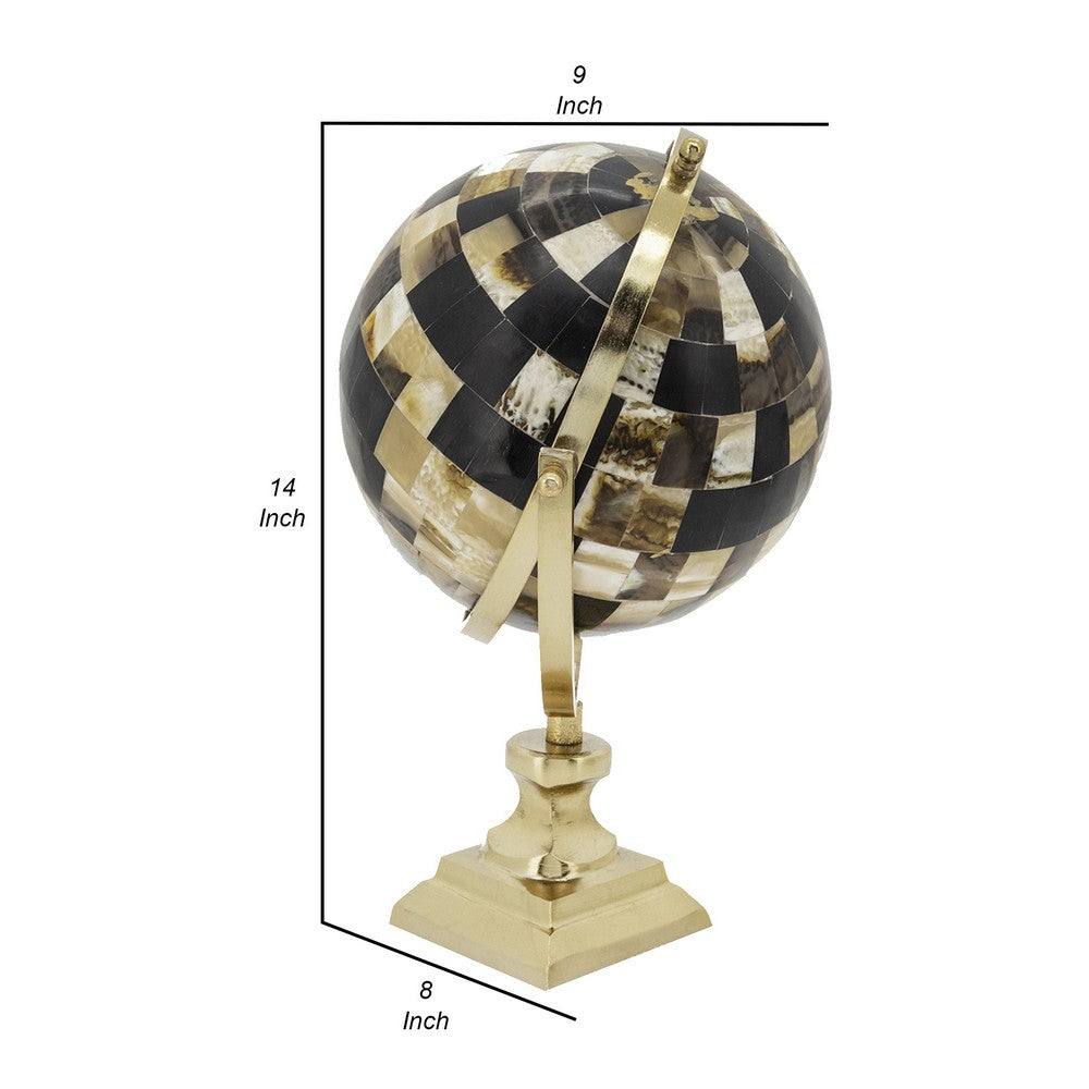 14 Inch Globe Sculpture, Pedestal Base, Modern Style, Gold and Brown Metal By Casagear Home