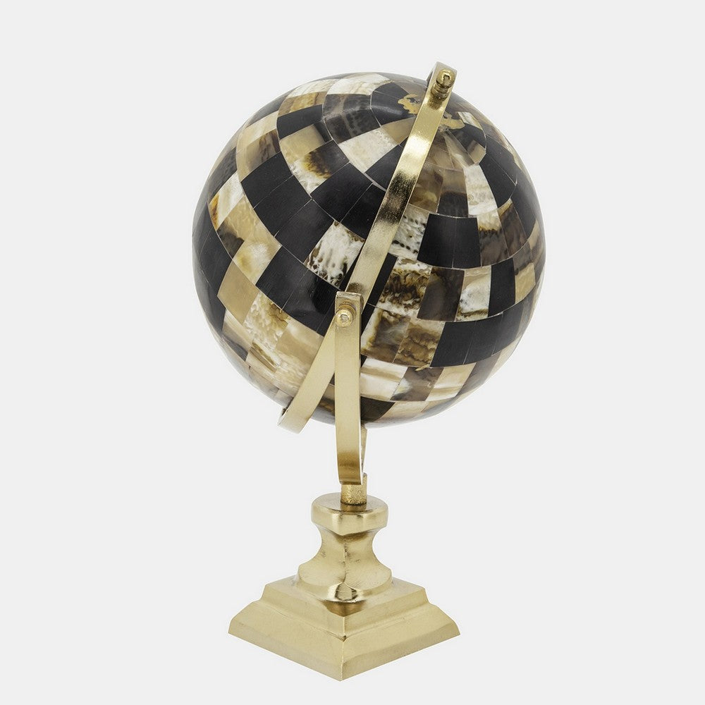 14 Inch Globe Sculpture, Pedestal Base, Modern Style, Gold and Brown Metal By Casagear Home