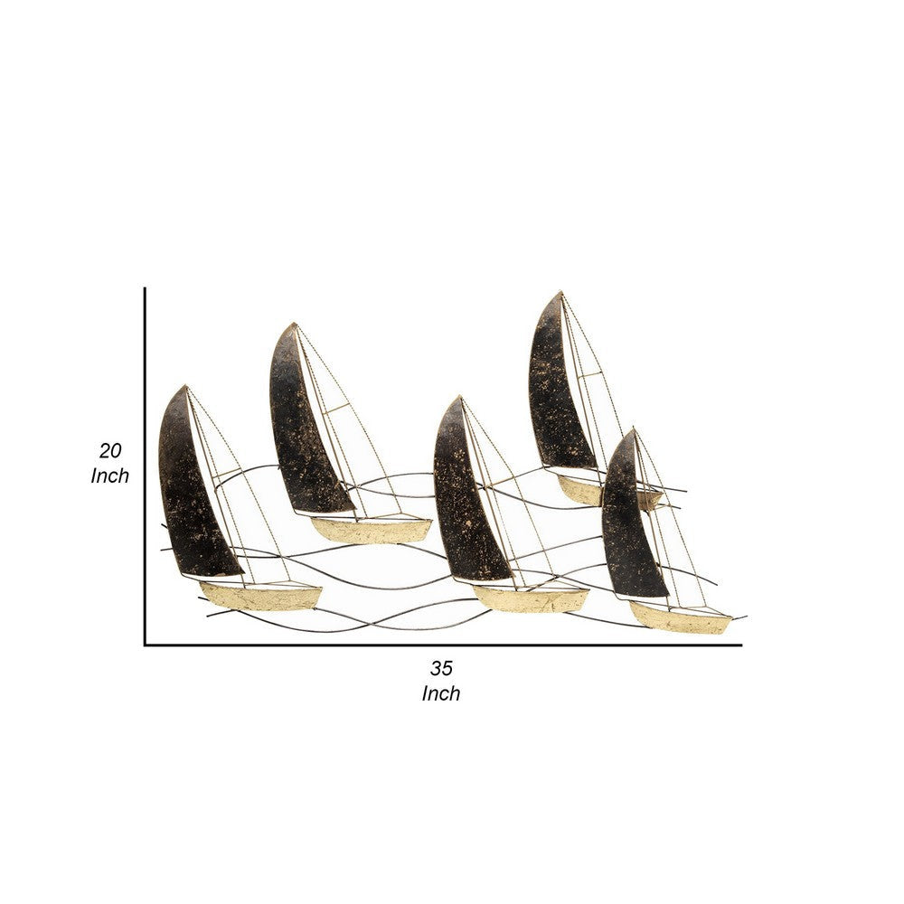 Vem 35 Inch Sailboats Wall Hanging Artwork, Bronze and Copper Metal Frame By Casagear Home