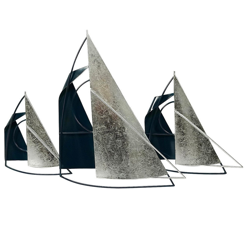 Vem 26 Inch Sailboats Hanging Wall Artwork Modern Blue Silver Metal By Casagear Home BM308684