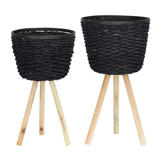 23 Inch Planters, Set of 2, Tri Flared Wood Legs, Black Rope Woven Pots  By Casagear Home