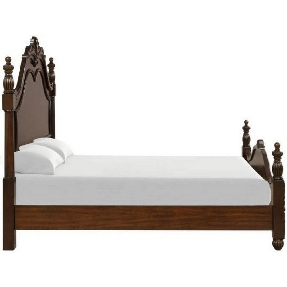 Akil King Size Poster Bed Classical Carved Headboard Cherry Brown Wood By Casagear Home BM308747