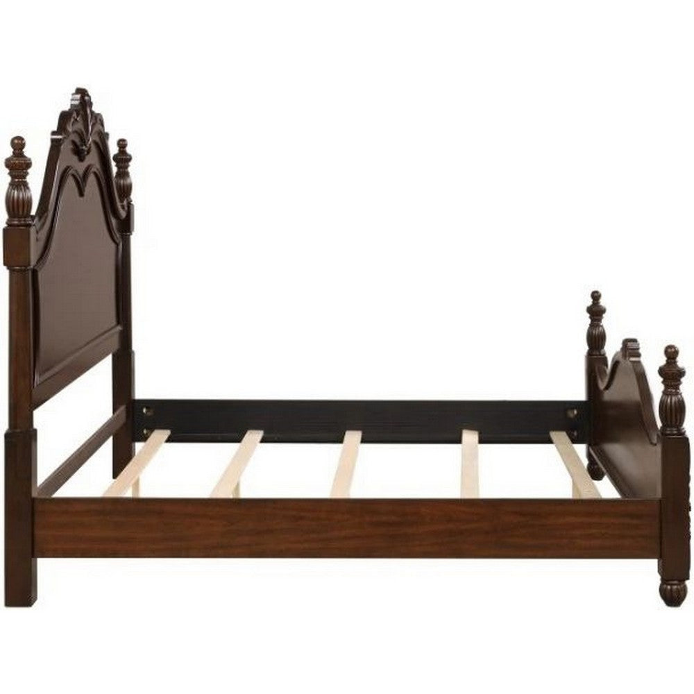 Akil King Size Poster Bed Classical Carved Headboard Cherry Brown Wood By Casagear Home BM308747