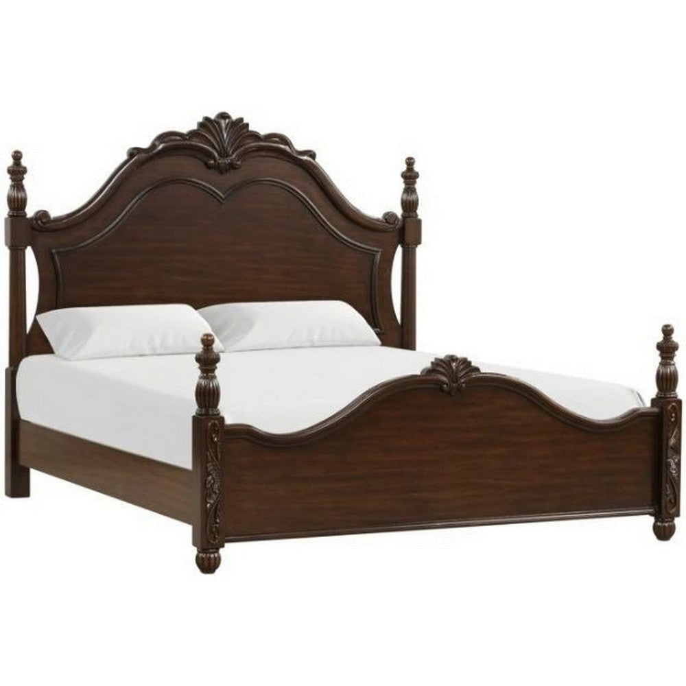 Akil King Size Poster Bed, Classical Carved Headboard, Cherry Brown Wood By Casagear Home