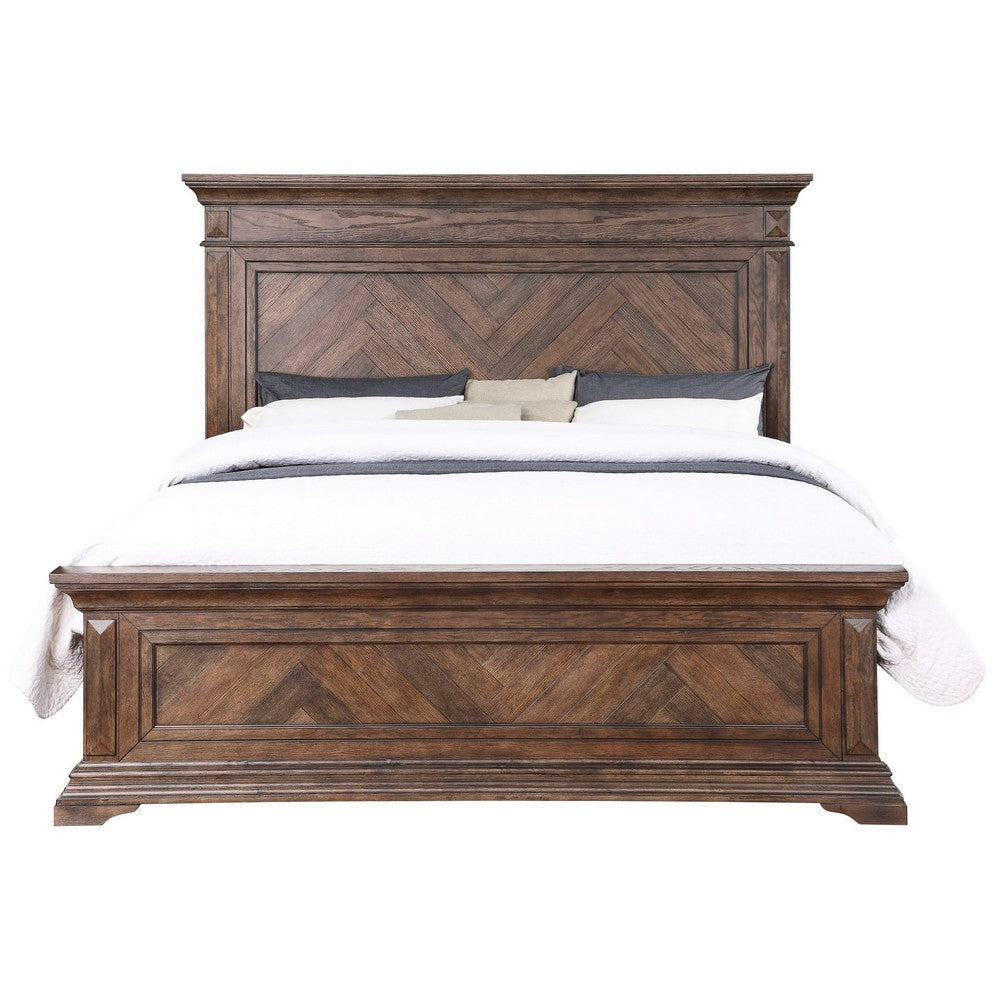 Marv King Size Bed Parquet Pattern Traditional Style Brushed Brown Wood By Casagear Home BM308771