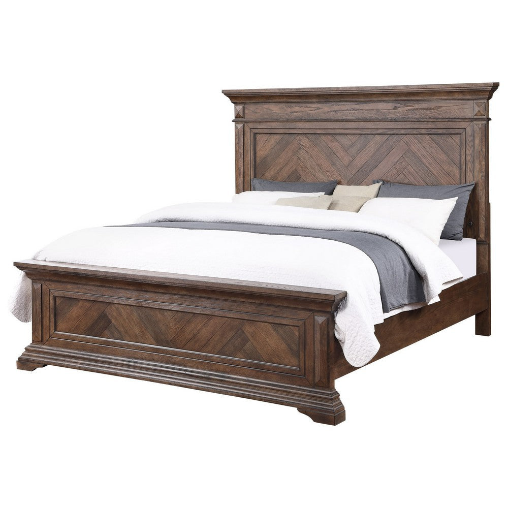 Marv King Size Bed Parquet Pattern Traditional Style Brushed Brown Wood By Casagear Home BM308771