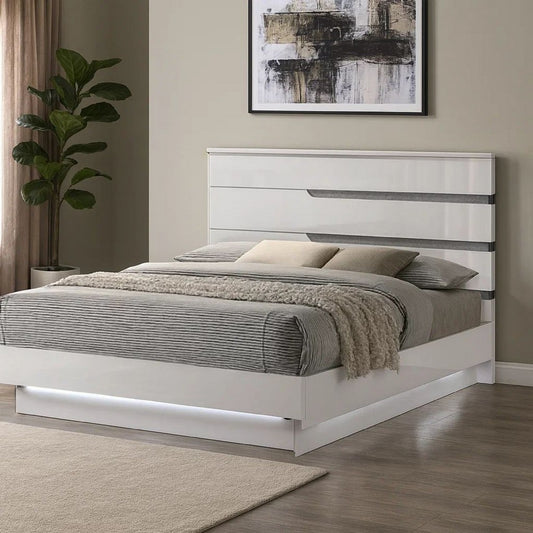 Peis King Size Bed, LED, Crystal Accents, Modern Design, Glossy White By Casagear Home