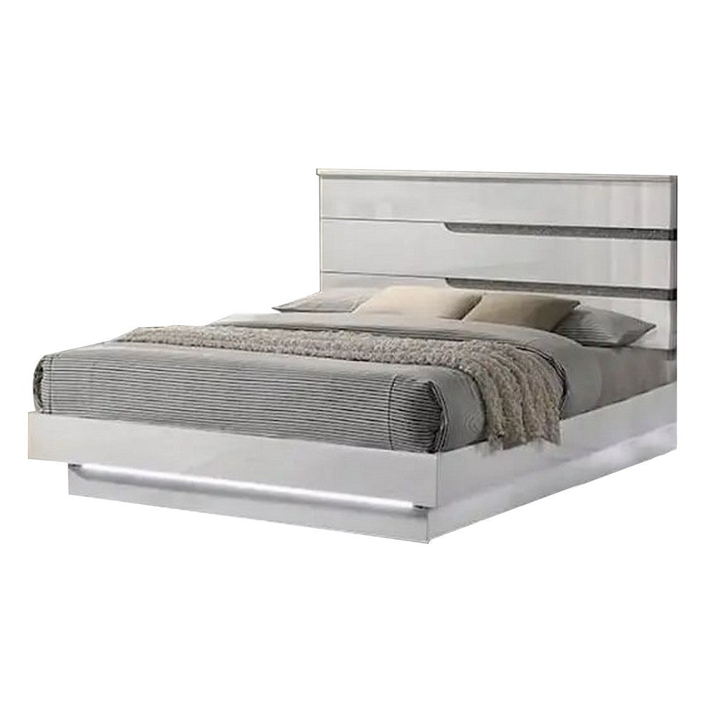 Peis King Size Bed, LED, Crystal Accents, Modern Design, Glossy White By Casagear Home