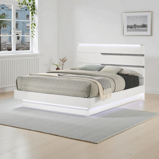 Peis Queen Size Bed, LED, Crystal Accents, Modern Design, Glossy White By Casagear Home