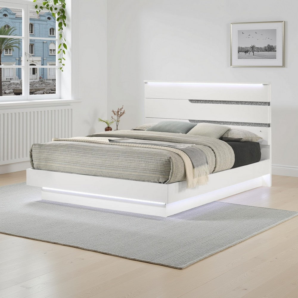 Peis Queen Size Bed, LED, Crystal Accents, Modern Design, Glossy White By Casagear Home