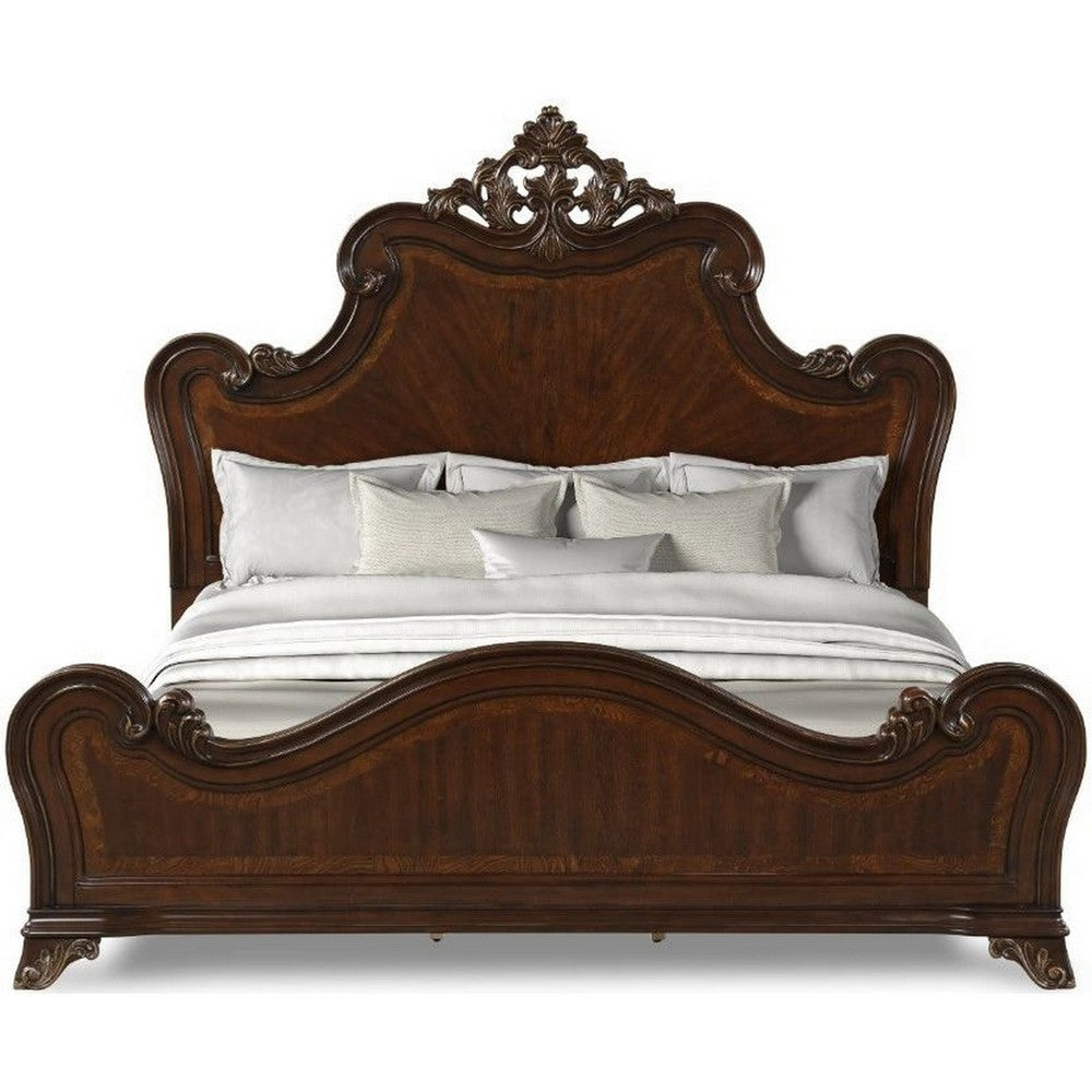 Lisa Queen Size Bed Traditional Carved Ornate Details Classic Cherry Brown By Casagear Home BM308784