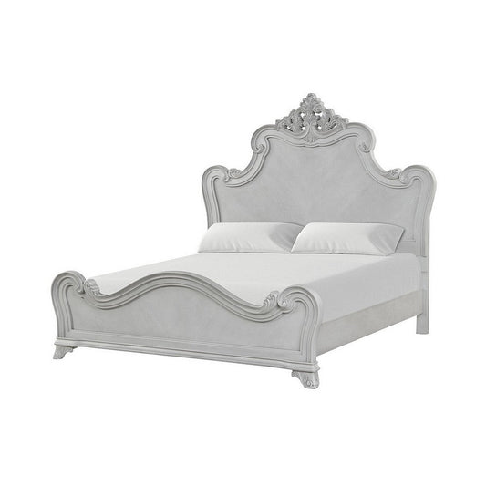 Hailey Queen Size Bed, Traditional Carved Ornate Details, Mist Gray Wood By Casagear Home