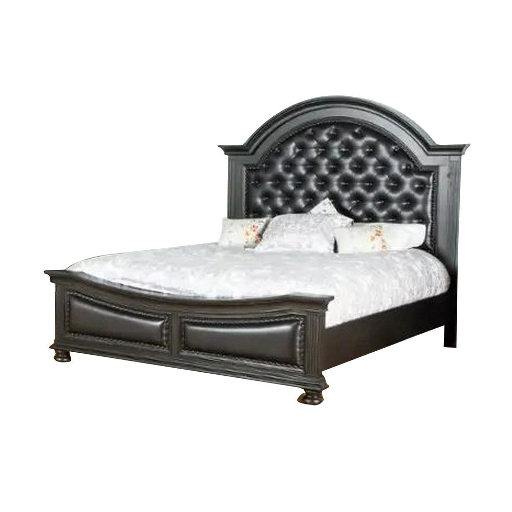 Belb King Size Bed, Faux Leather Upholstery, Nailhead Trim, Brown Wood By Casagear Home