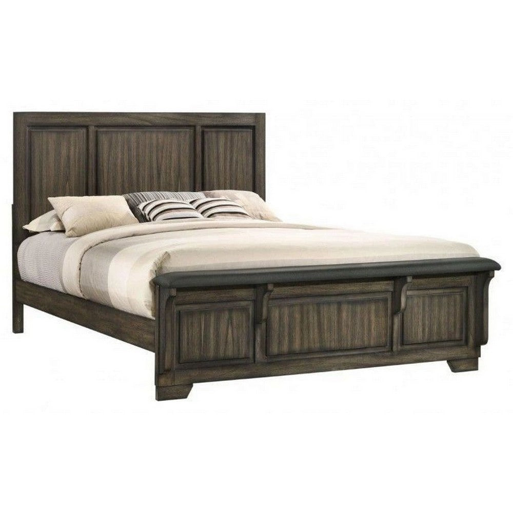 Ashen Queen Size Bed, Transitional Panel Design, Wire Brushed Rustic Brown By Casagear Home