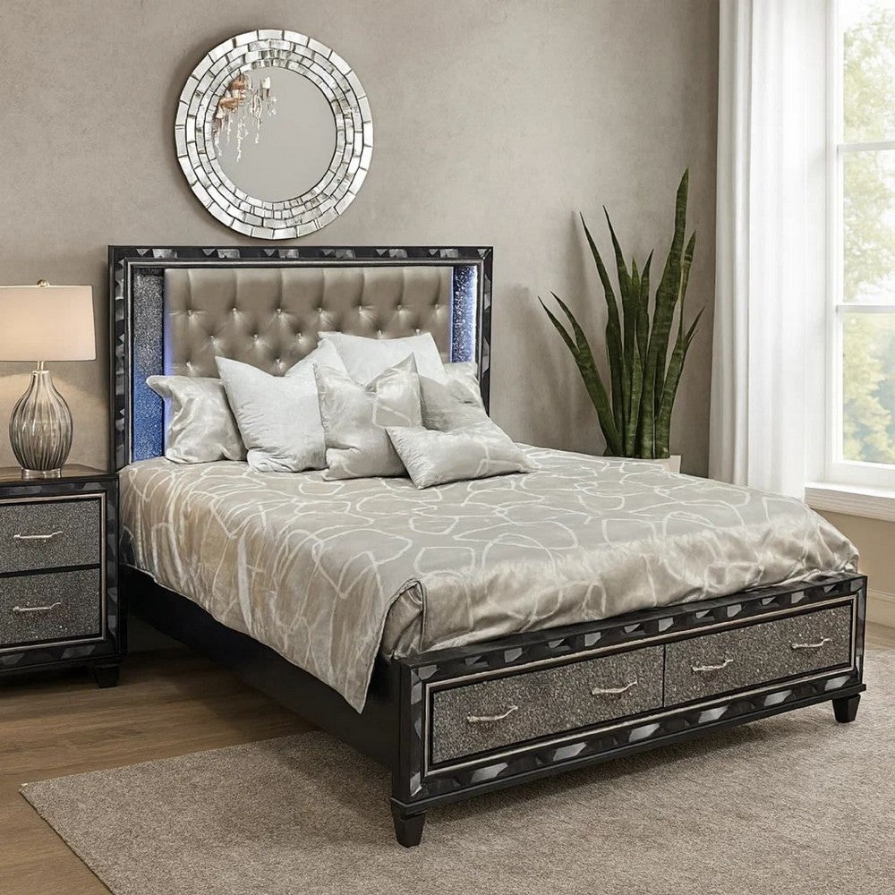 Bet King Bed, Silver Faux Leather Upholstery, LED, Crystal Accents, Black By Casagear Home