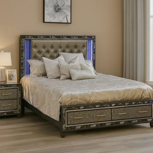 Bet King Bed, Silver Faux Leather Upholstery, LED, Crystal Accents, Black By Casagear Home