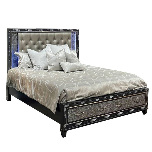 Bet King Bed, Storage Drawers, Silver Faux Leather Upholstery, LED, Black By Casagear Home