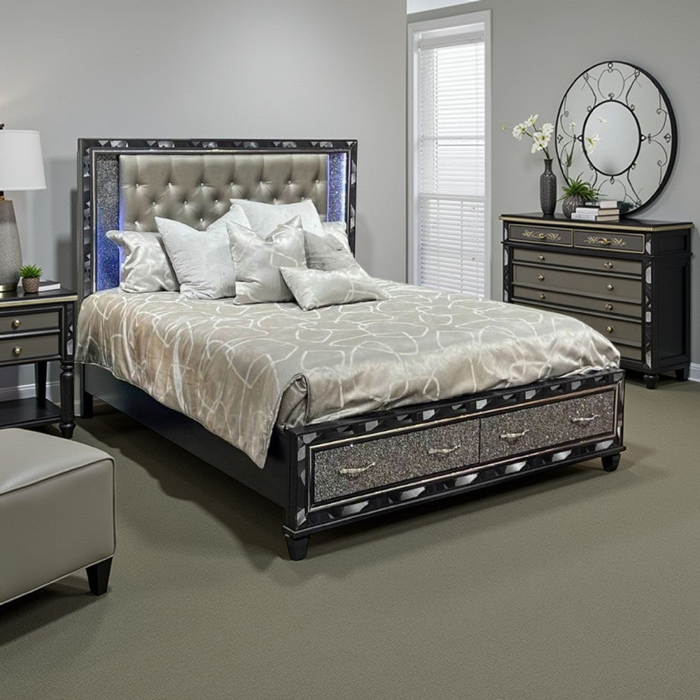 Bet Queen Bed, Silver Faux Leather Upholstery, LED, Crystal Accents, Black By Casagear Home
