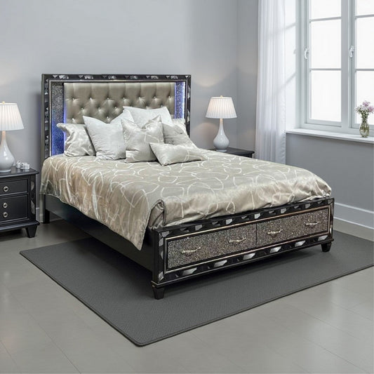 Bet Queen Bed, Storage Drawers, Silver Faux Leather Upholstery, LED, Black By Casagear Home