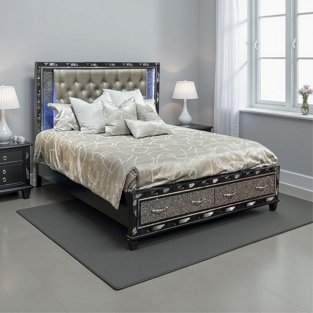 Bet Queen Bed, Storage Drawers, Silver Faux Leather Upholstery, LED, Black By Casagear Home
