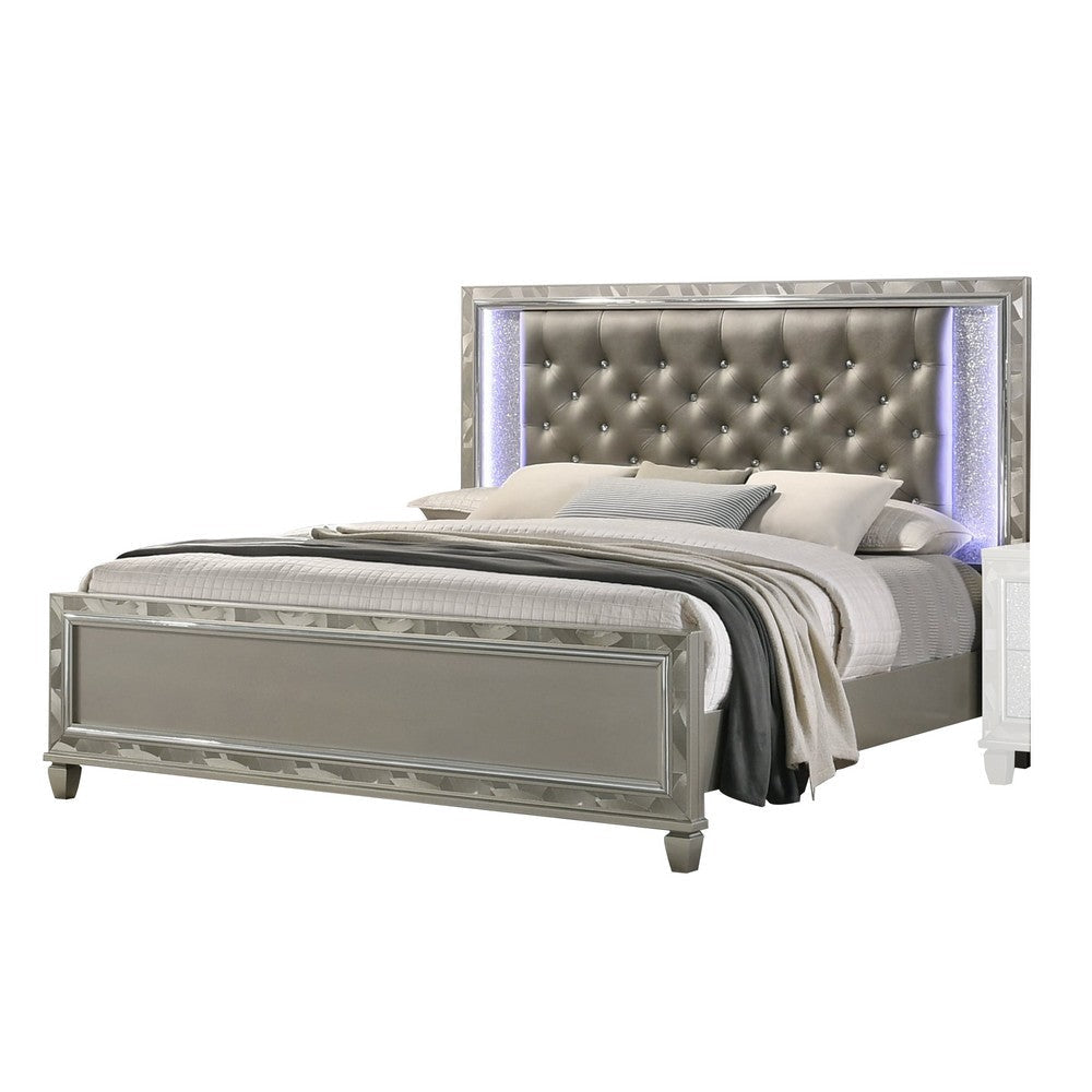 Bet King Bed, Silver Faux Leather Upholstery, LED, Crystal Accents, Brown By Casagear Home