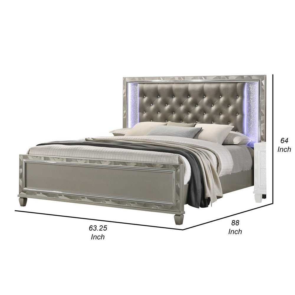 Bet Queen Bed Silver Faux Leather Upholstery LED Crystal Accents Brown By Casagear Home BM308802