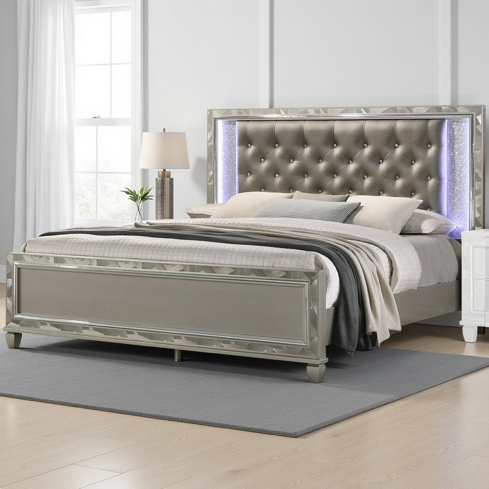Bet Queen Bed, Silver Faux Leather Upholstery, LED, Crystal Accents, Brown By Casagear Home