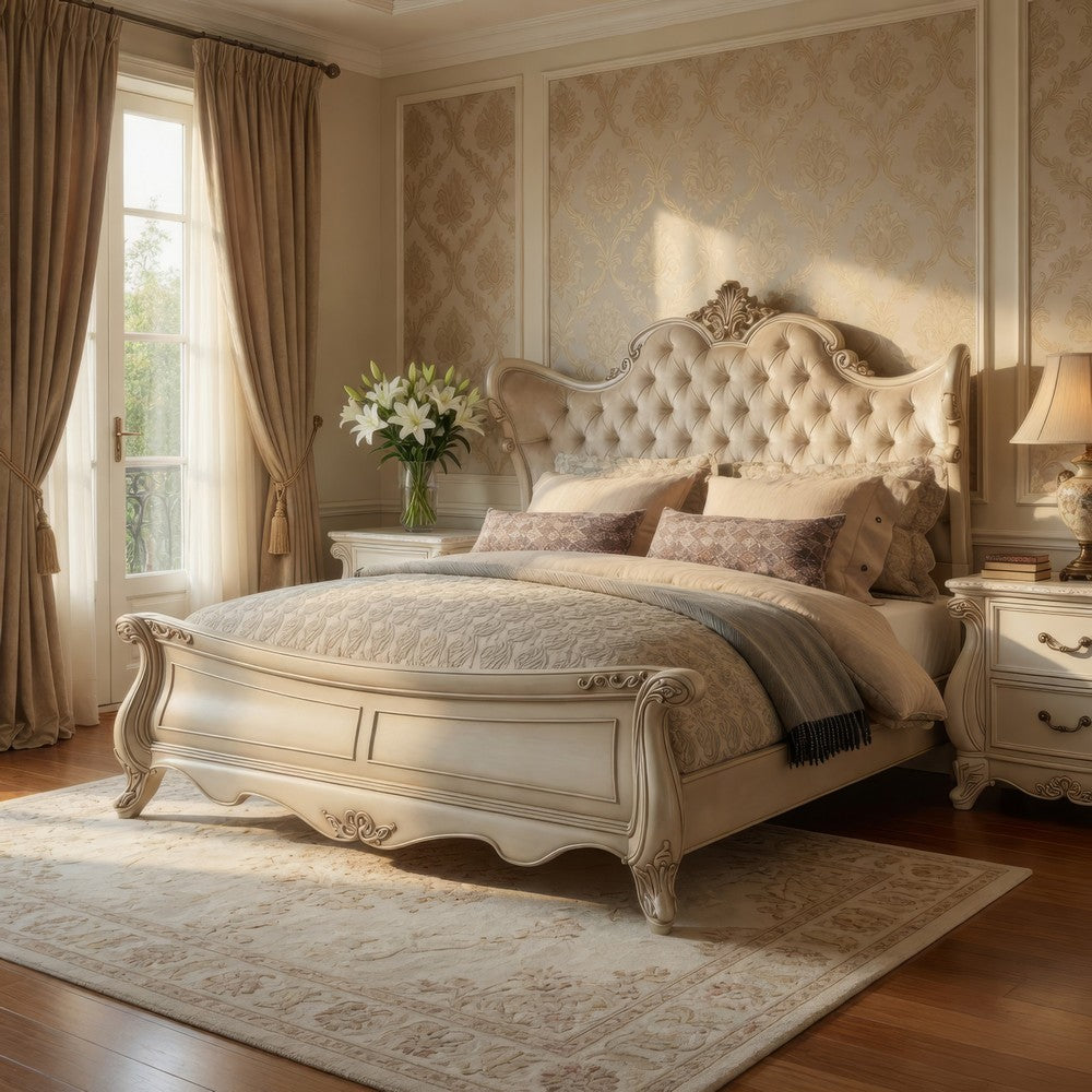 Moen King Size Bed, Tufted Polyester Upholstery, Carved Wood, Champagne By Casagear Home