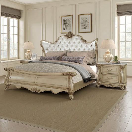 Moen Queen Size Bed, Tufted Polyester Upholstery, Carved Wood, Champagne By Casagear Home