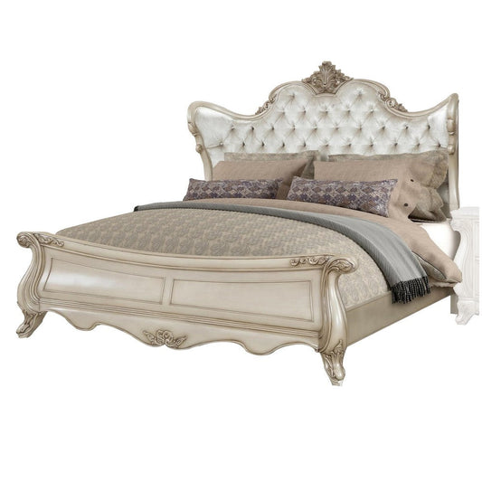 Moen Queen Size Bed, Tufted Polyester Upholstery, Carved Wood, Champagne By Casagear Home