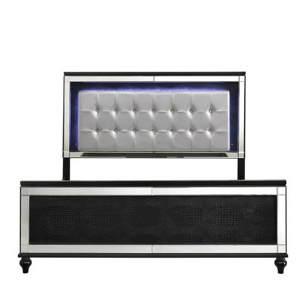 Lee Queen Size Bed LED Tufted Faux Leather Upholstery Textured Black By Casagear Home BM308806